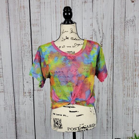 Full Circle Trends Medium Rainbow Tie-dye Fishnet Mesh Short Sleeve Tee Shirt - Picture 1 of 7